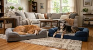 "Senior dogs relaxing comfortably in a calm home environment."