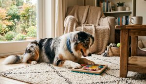 "Senior dog enjoying a food puzzle for mental enrichment."