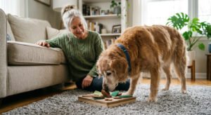 "Senior dog enjoying indoor enrichment activities."