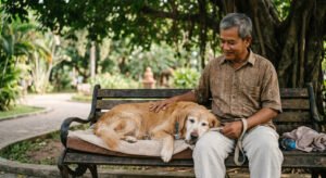 "Senior dog resting during a walk after gentle exercise."