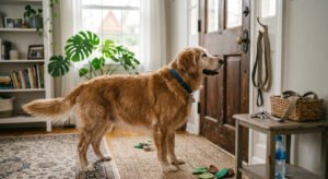 "Senior dog waiting excitedly for a daily walk."