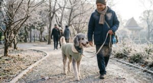 "Senior dog walking comfortably during cool weather."