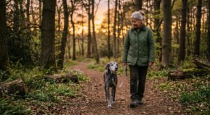 "Senior dog enjoying a peaceful walk with its owner."