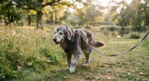 "Senior dog enjoying a gentle daily walk with its owner."