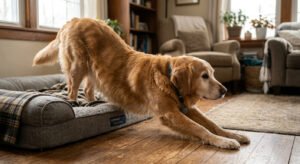 "Senior dog stretching before a gentle walk."