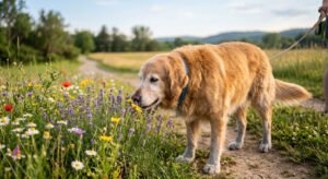 "Senior dog exploring new scents during a gentle walk."
