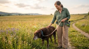 "Senior dog enjoying a relaxed sniff walk."