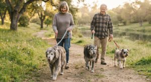 "Senior dogs of different ages enjoying daily exercise."