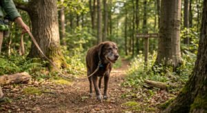 "Senior dog enjoying a gentle daily walk."