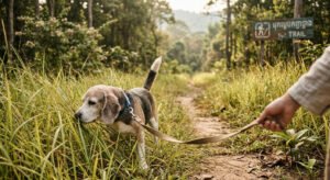 "Senior dog enjoying a slow sniff walk."