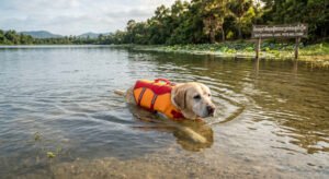 "Senior dog swimming for gentle exercise."