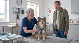 "Veterinarian examining a senior dog during a health check."