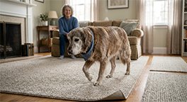 "Senior dog walking safely across non-slip rugs inside the home."