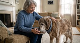 "Owner feeding a senior dog during a consistent daily routine."