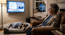 "Senior dog resting comfortably in a quiet room."