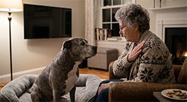 "Owner communicating with a senior dog using hand signals."