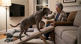 "Senior dog using a ramp to safely reach a sofa."