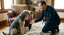 "Owner encouraging a senior dog during an enrichment activity."