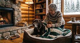 "Owner helping a senior dog settle into bed for the night."