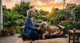 "Owner spending peaceful time with a senior dog outdoors."
