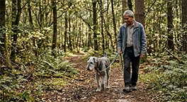 "Senior dog enjoying a peaceful walk with its owner."