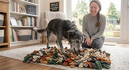 "Senior dog using a snuffle mat for mental enrichment."