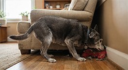 "Senior dog searching for a hidden toy."