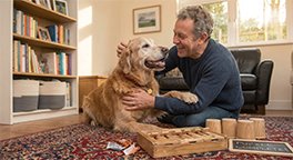 "Senior dog enjoying a brain game with its owner."