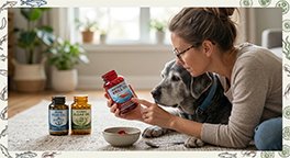 "Owner checking the label on an Omega-3 supplement for dogs."