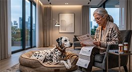 "Owner checking medication instructions for a senior dog."