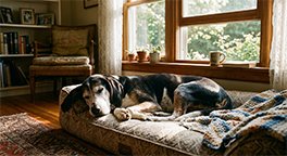 "Senior dog taking a peaceful daytime nap."