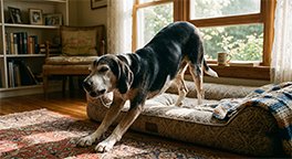 "Senior dog with arthritis standing from an orthopedic bed."