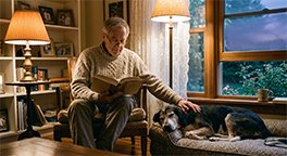 "Owner comforting an anxious senior dog before bedtime."