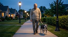 "Owner taking a senior dog outside before bedtime."