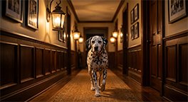 "Senior dog navigating a well-lit hallway at night."
