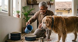 "Owner monitoring a senior dog's water intake."