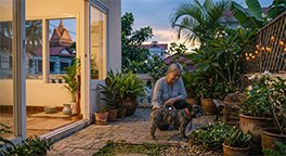 "Senior dog going outside for an evening bathroom break."