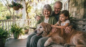 Senior Golden Retriever happily relaxing with family despite advanced age.