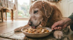 Senior dog gently eating a soft homemade meal from a shallow bowl.