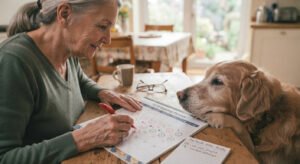 Dog owner marking good and bad days on a monthly calendar.