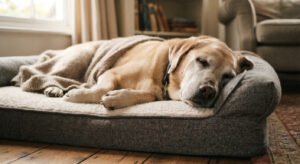 Senior dog resting comfortably on an orthopedic bed during hospice care.