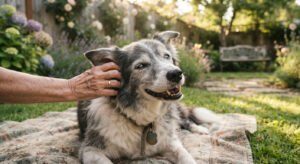 Senior dog enjoying quiet companionship with its owner.