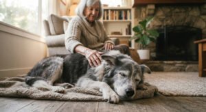 Owner comforting a senior dog experiencing mobility problems.