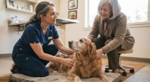 Veterinarian discussing quality of life with the owner of a senior dog.