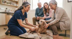 Veterinarian discussing hospice care options for a senior dog.