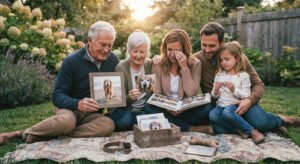 Family remembering and honoring their senior dog's life