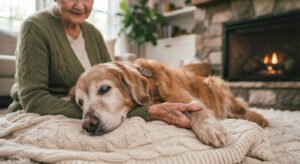 Owner holding the paw of a beloved senior dog during quiet final moments.